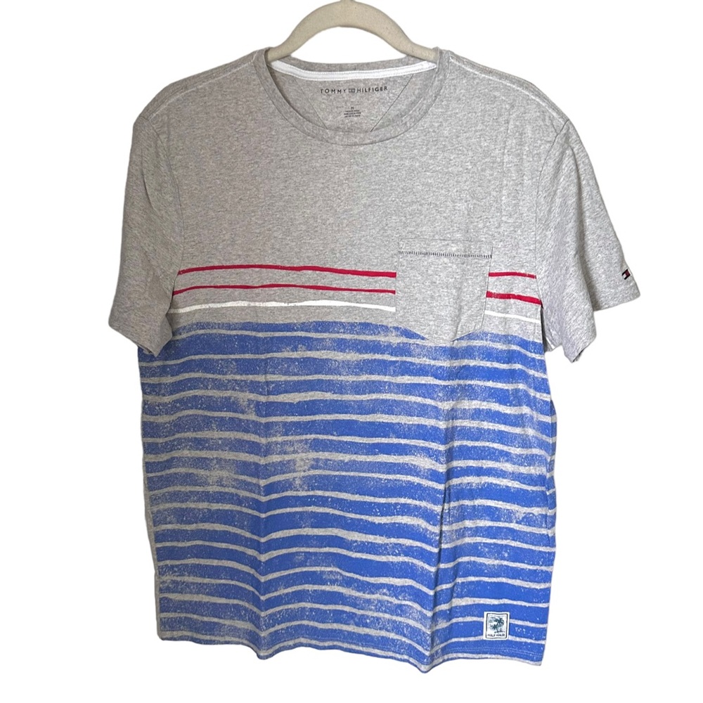 Tommy Hilfiger Mens Sz Medium Blue Gray Striped Short Sleeve Shirt 100% Cotton